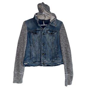 Free People Jean Jacket in Indie Wash M W/ Knit Hood Sleeves Distressed Boho